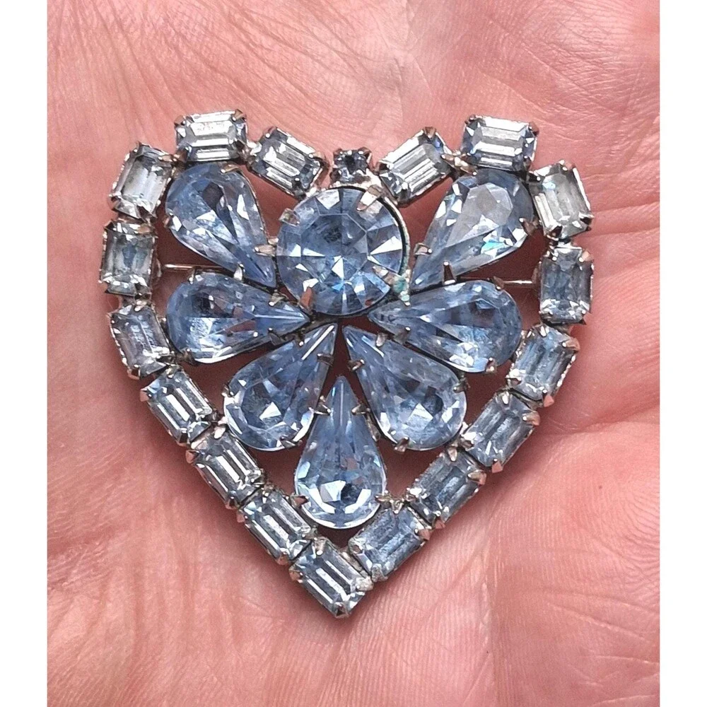 Vintage Rhinestone Heart Brooch Blue Stones